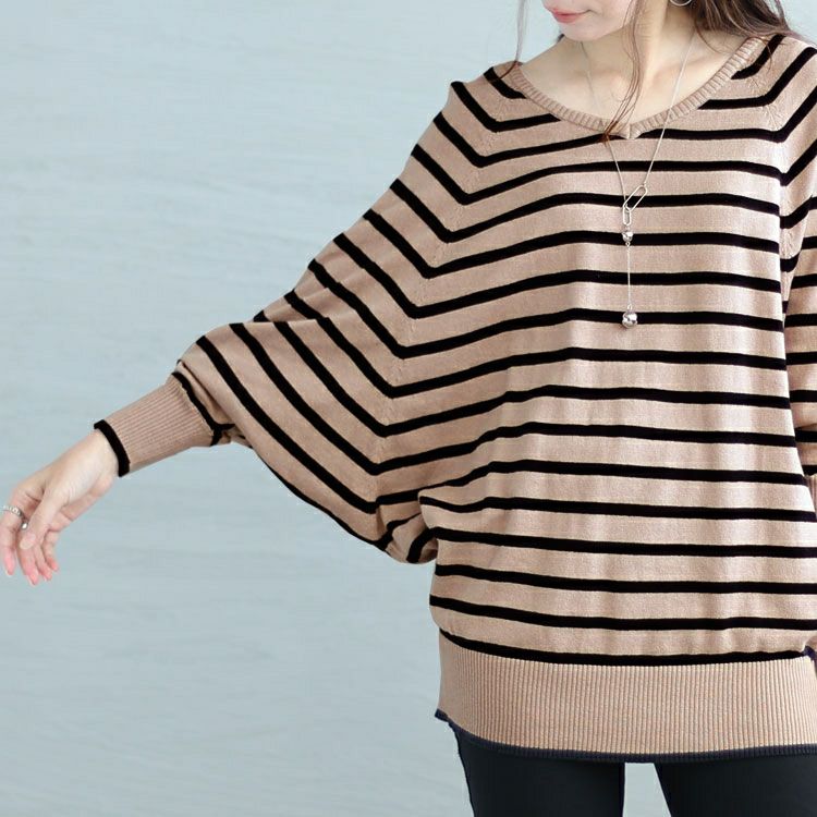 大きいサイズ レディース Vネックボーダードルマンニット　wn-0198