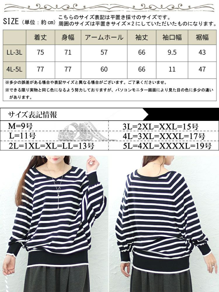 大きいサイズ レディース Vネックボーダードルマンニット　wn-0198