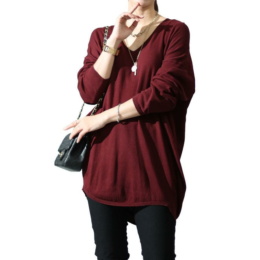 大きいサイズ レディース Vネックサイドタックニット　wn-0134 バーガンディ