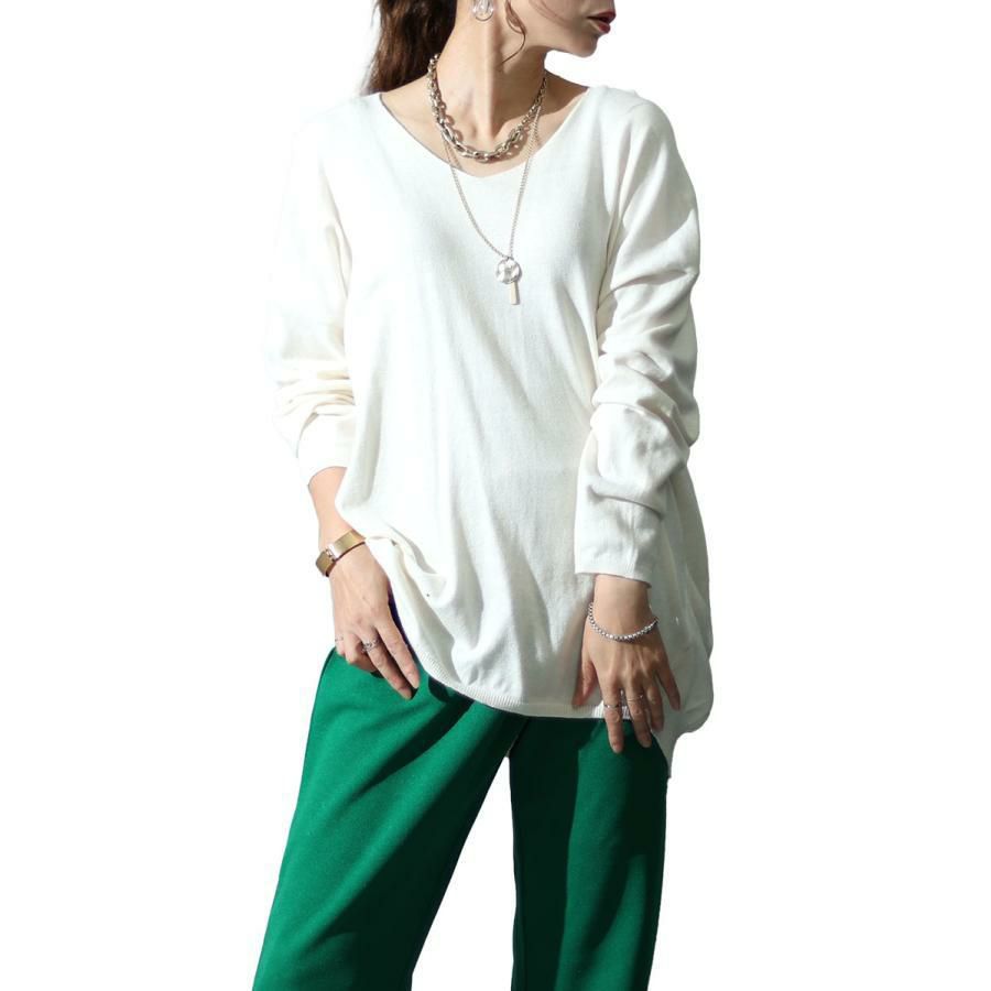大きいサイズ レディース Vネックサイドタックニット　wn-0134 オフホワイト