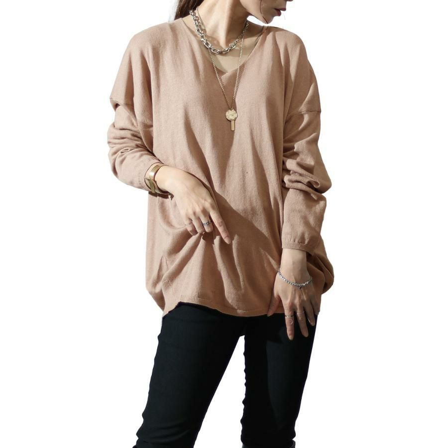 大きいサイズ レディース Vネックサイドタックニット　wn-0134 グレーベージュ