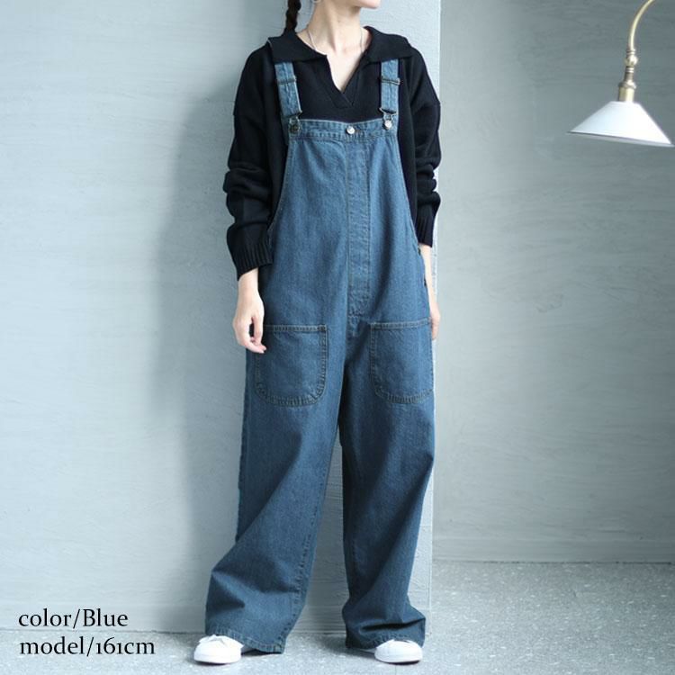 大きいサイズ レディース フロントダブルポケットデニムサロペット　wd-0373 ブルー