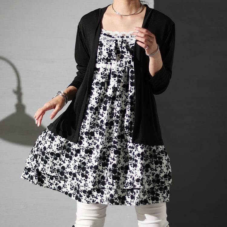 大きいサイズ レディース カーデフェイク花柄チュニック　gold934 ブラック