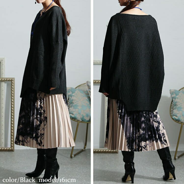 大きいサイズ レディース 編地切替キーネックドルマンニットチュニック　maru-3003