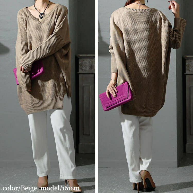 大きいサイズ レディース 編地切替キーネックドルマンニットチュニック　maru-3003