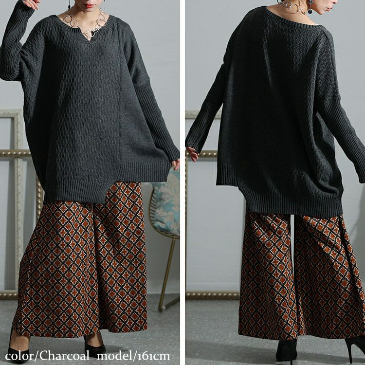 大きいサイズ レディース 編地切替キーネックドルマンニットチュニック　maru-3003