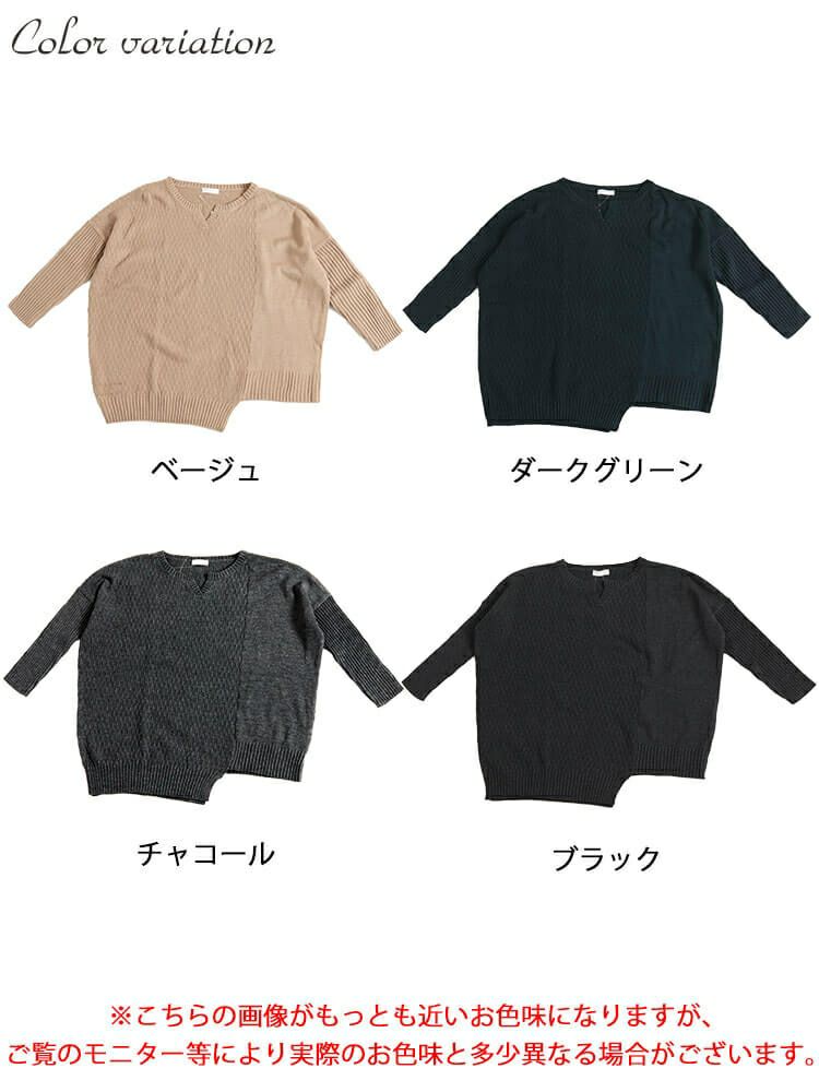 大きいサイズ レディース 編地切替キーネックドルマンニットチュニック　maru-3003