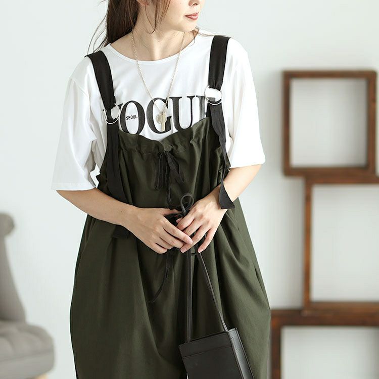 大きいサイズ レディース 胸元ギャザーワイドサロペット　jps010