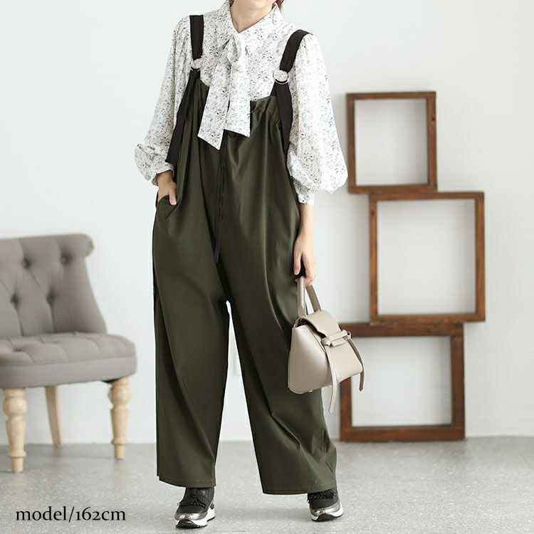 大きいサイズ レディース 胸元ギャザーワイドサロペット　jps010