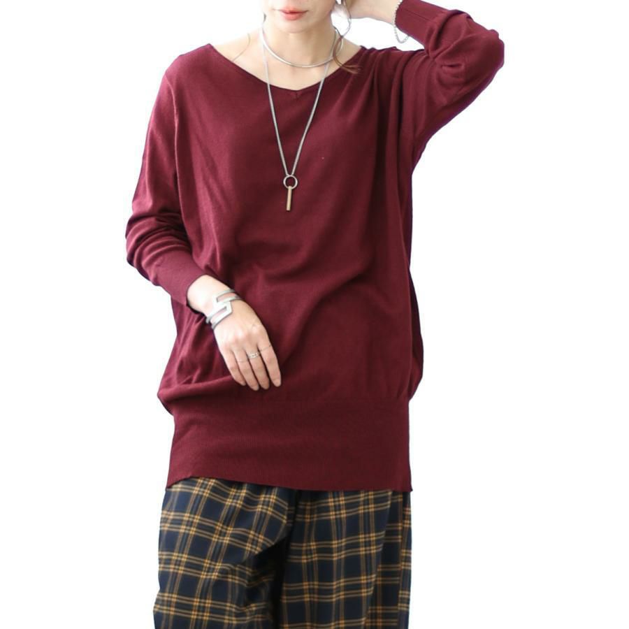 大きいサイズ レディース Vネックドルマンニット　wn-0003 【メール便可】 バーガンディ