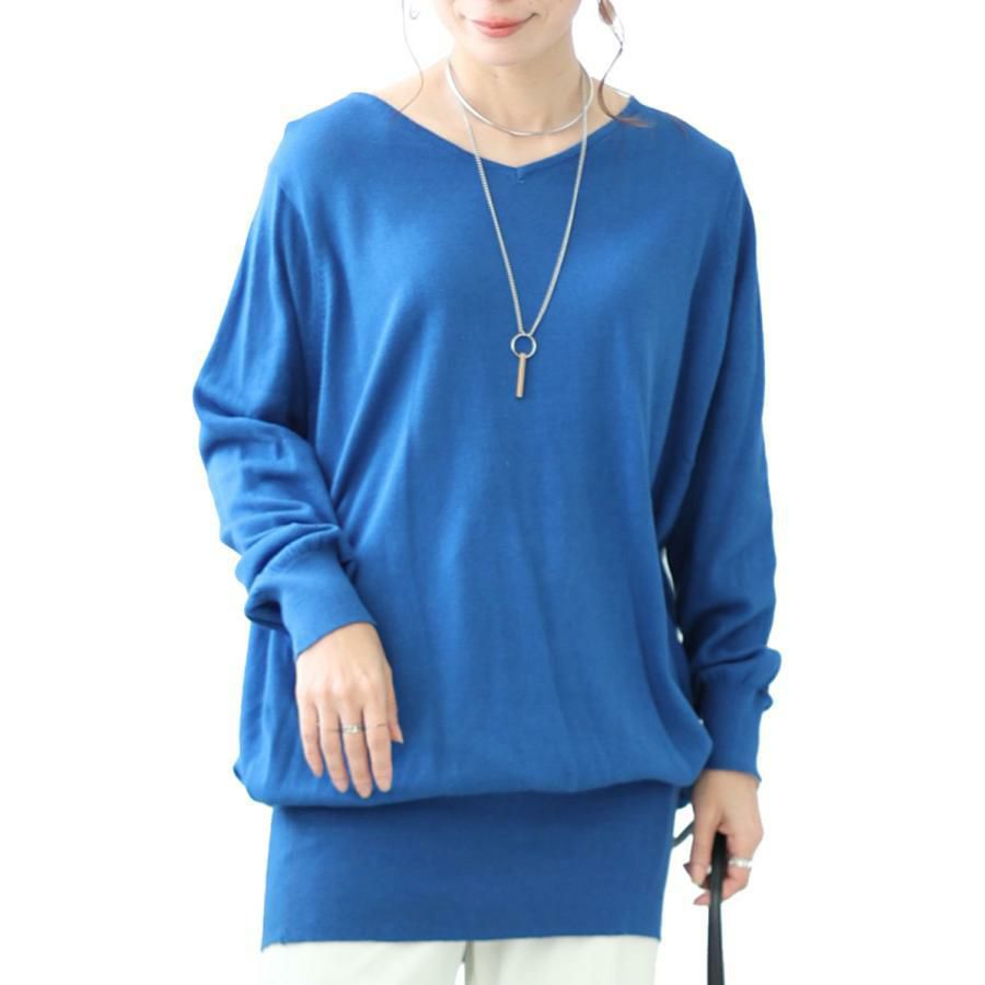 大きいサイズ レディース Vネックドルマンニット　wn-0003 【メール便可】 ブルー