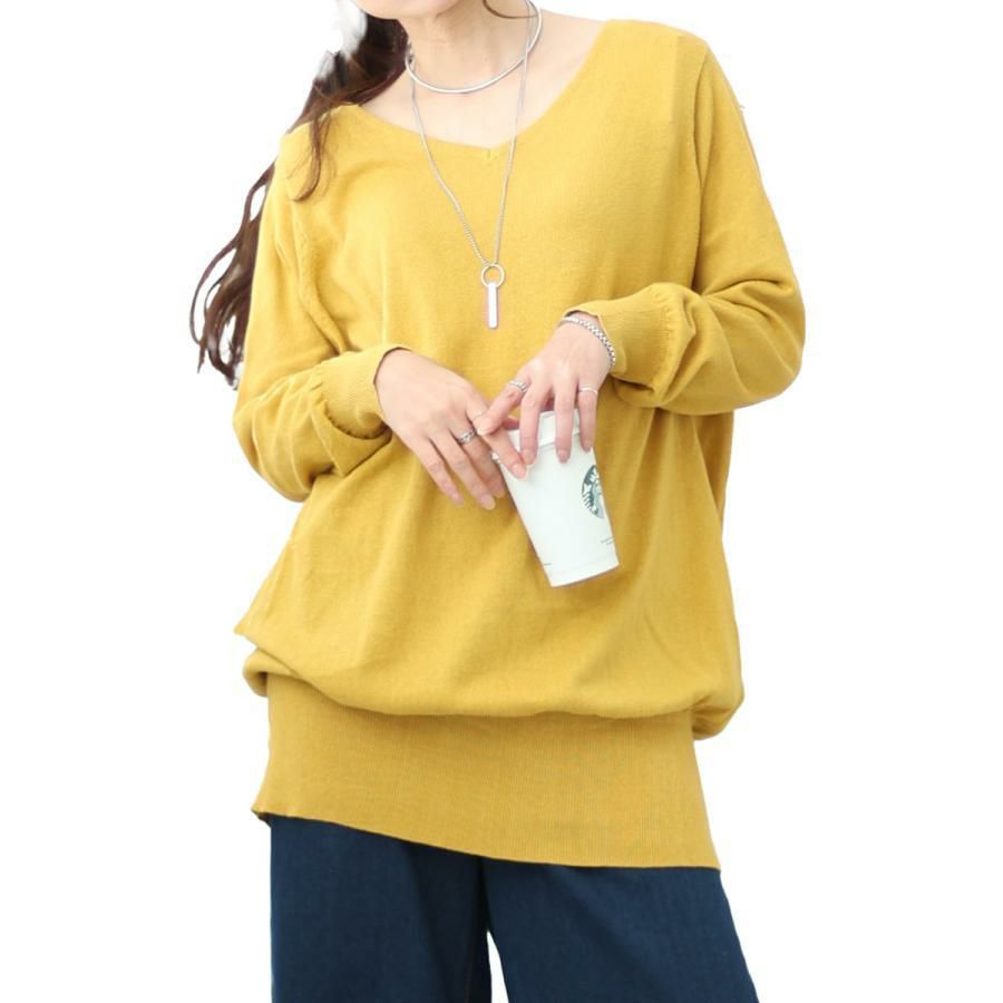 大きいサイズ レディース Vネックドルマンニット　wn-0003 【メール便可】 マスタード