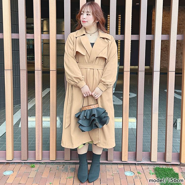 大きいサイズ レディース ベルト付きボタンレストレンチコート　goldy-1385