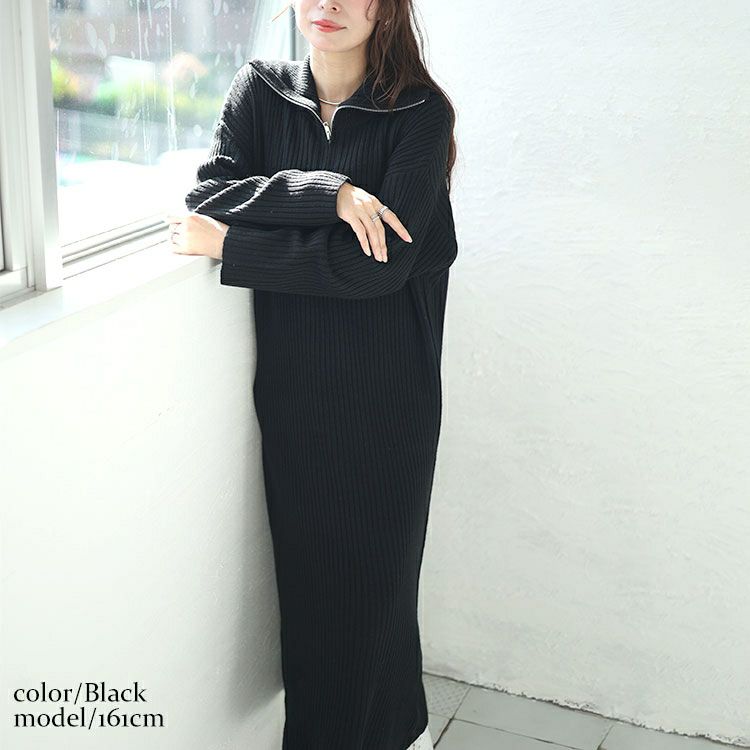 大きいサイズ レディース リブハーフジップワンピース　sada-6888