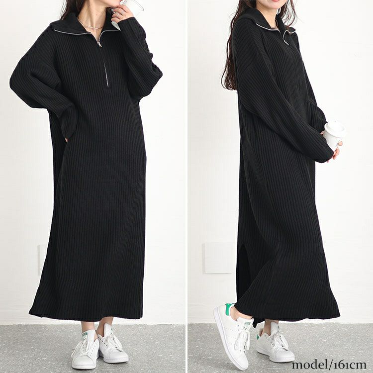 大きいサイズ レディース リブハーフジップワンピース sada-6888