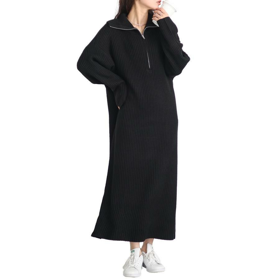 大きいサイズ レディース リブハーフジップワンピース　sada-6888 ブラック