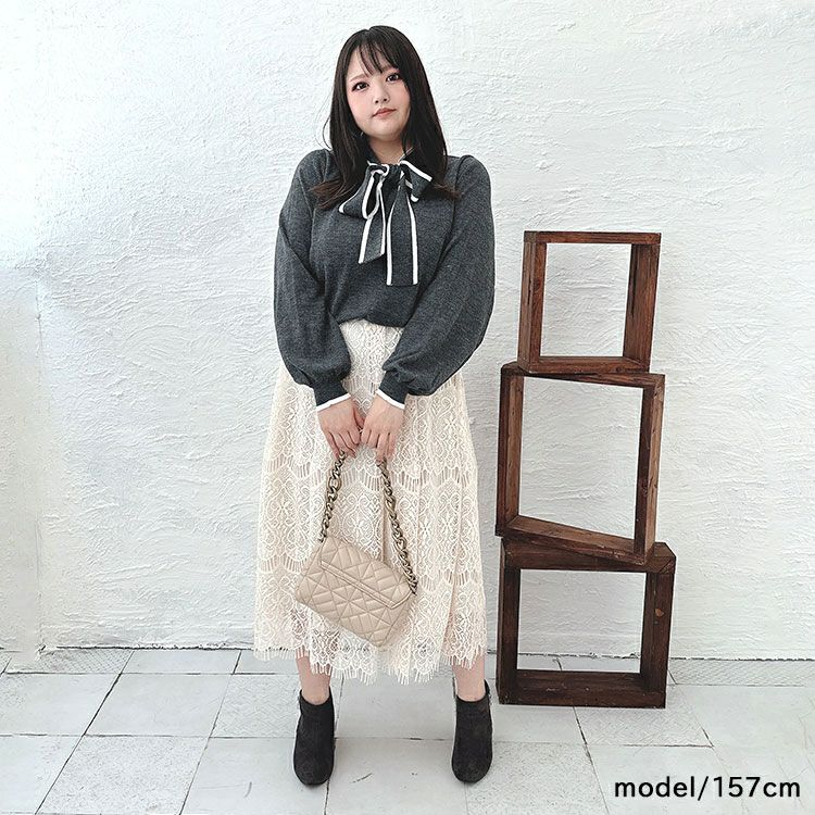 大きいサイズ レディース ライン入りボウタイニット　fem-419