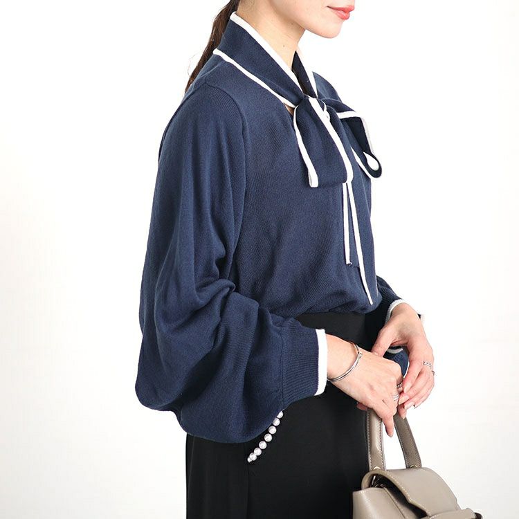 大きいサイズ レディース ライン入りボウタイニット　fem-419