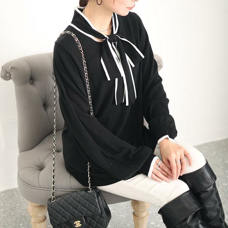 大きいサイズ レディース ライン入りボウタイニット　fem-419 ブラック