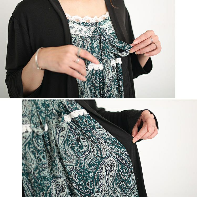 大きいサイズ レディース カーデフェイクレースエスニック柄チュニックワンピース　gold935