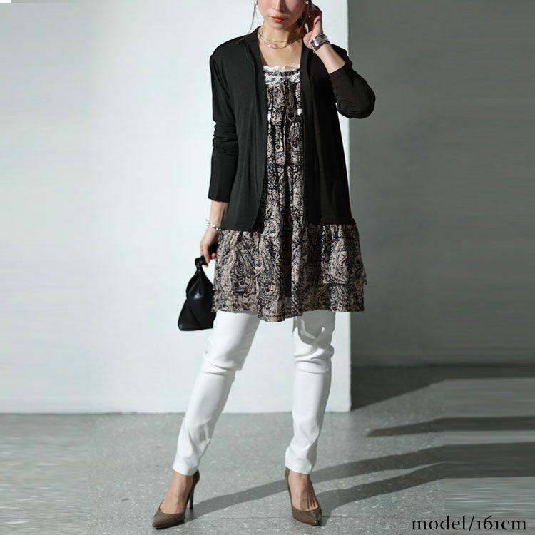 大きいサイズ レディース カーデフェイクレースエスニック柄チュニックワンピース　gold935