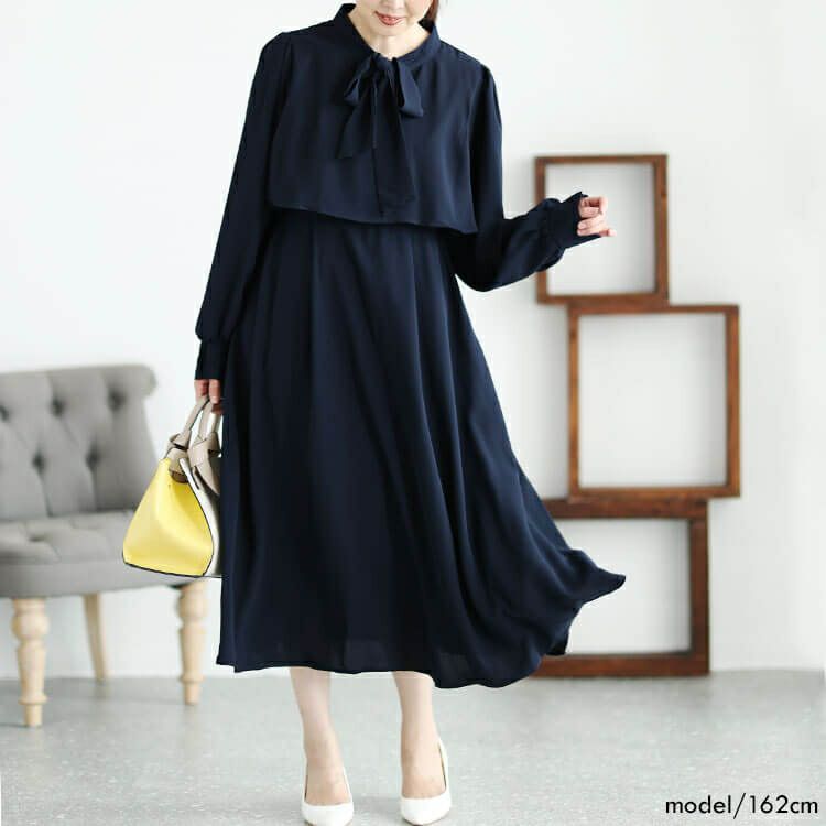 大きいサイズ レディース フリル裾ボウタイワンピ－ス　jps022