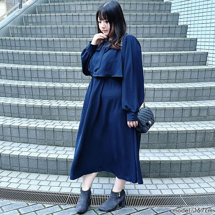 大きいサイズ レディース フリル裾ボウタイワンピ－ス　jps022