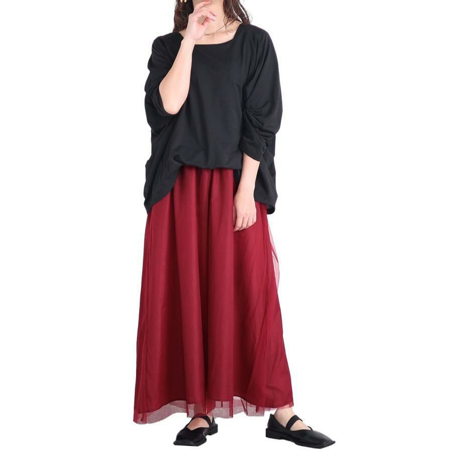 大きいサイズ レディース ドルマン袖チュールドッキングワンピース　sw-0575 ワイン