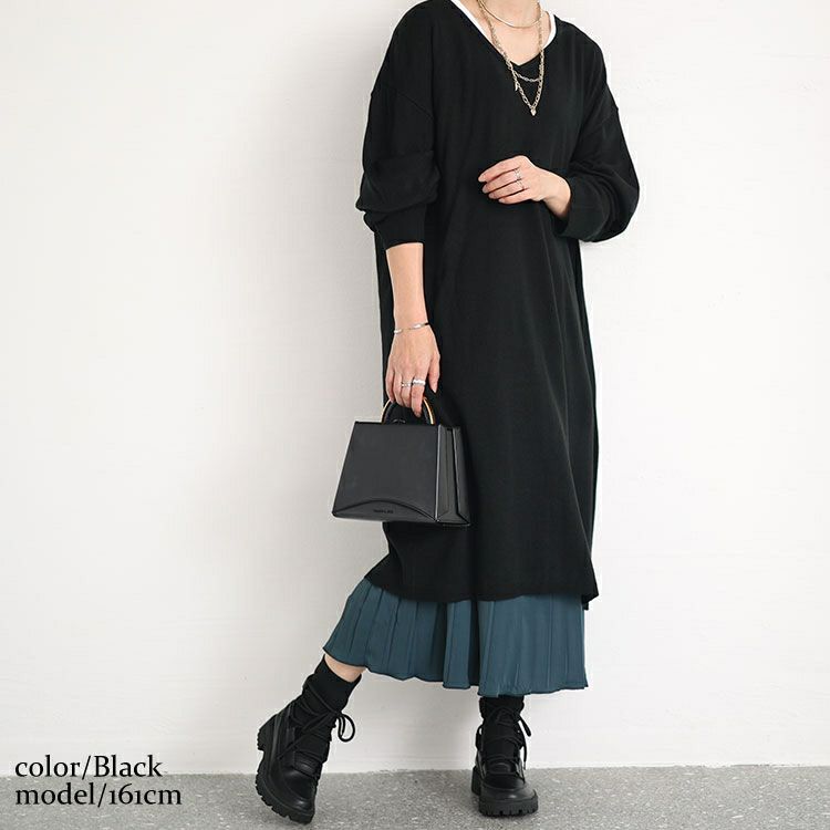 大きいサイズ レディース バックスリットニット＆プリーツ切替えワンピースセット　fem-410