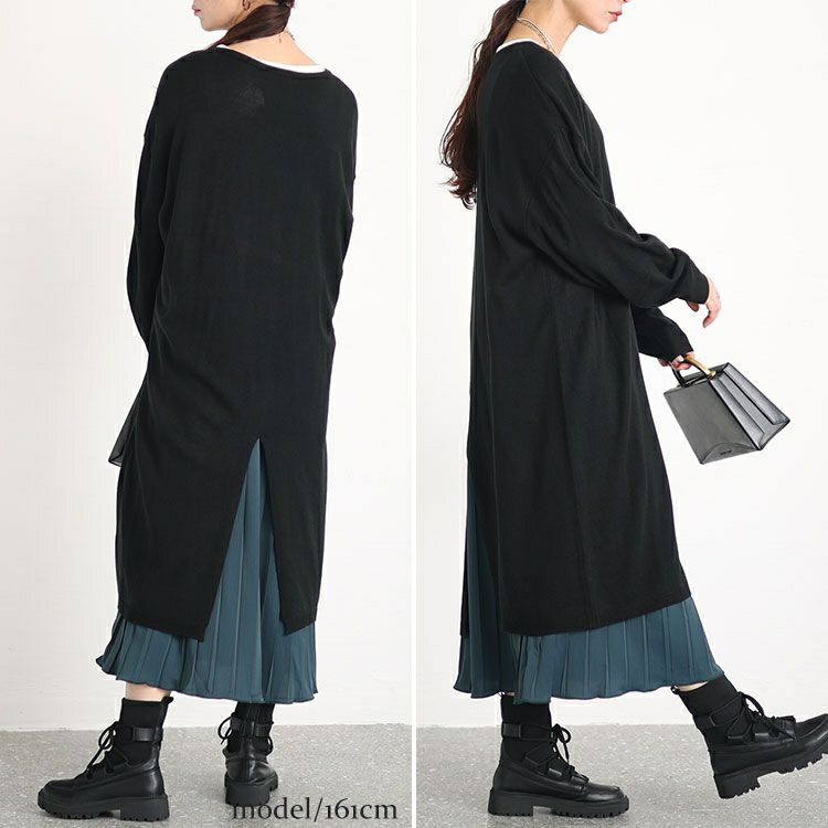 大きいサイズ レディース バックスリットニット＆プリーツ切替えワンピースセット　fem-410