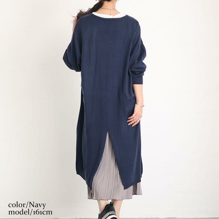 大きいサイズ レディース バックスリットニット＆プリーツ切替えワンピースセット　fem-410 ネイビー