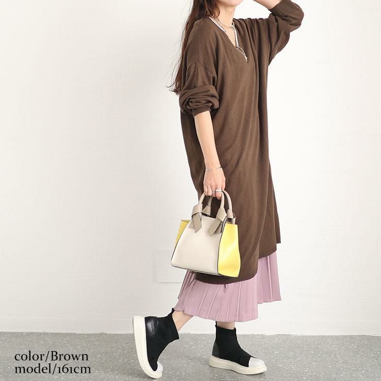 大きいサイズ レディース バックスリットニット＆プリーツ切替えワンピースセット　fem-410 ブラウン