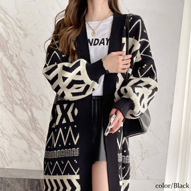 大きいサイズ レディース 幾何学柄ニットコーディガン　goldy-1400