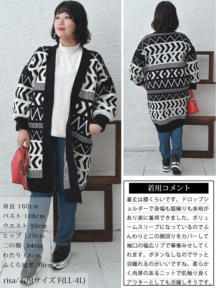 大きいサイズ レディース 幾何学柄ニットコーディガン　goldy-1400