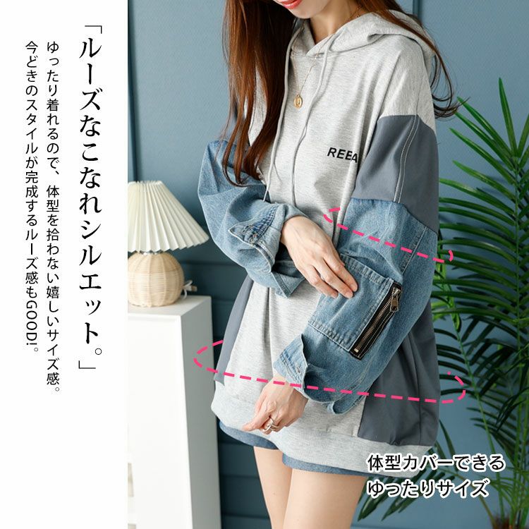 大きいサイズ レディース デニムミックスパーカー　goldy-1408