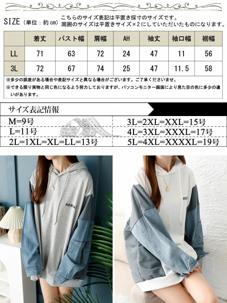 大きいサイズ レディース デニムミックスパーカー　goldy-1408