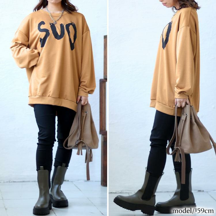 大きいサイズ レディース オーバーサイズロゴスウェット　goldy-1399 モカ