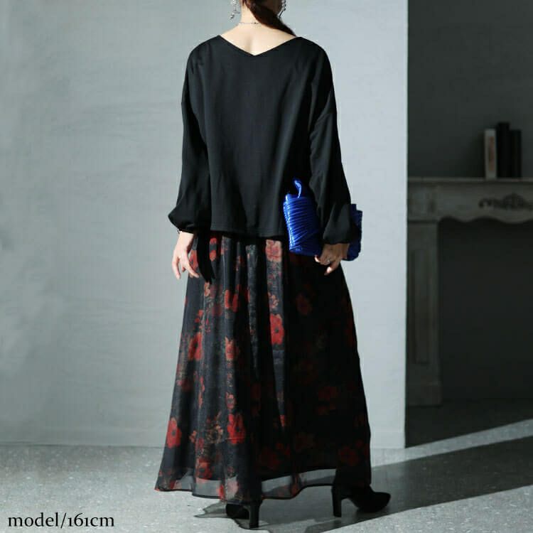 大きいサイズ レディース オーガンジー花柄Vネックドッキングワンピース　nw-23041