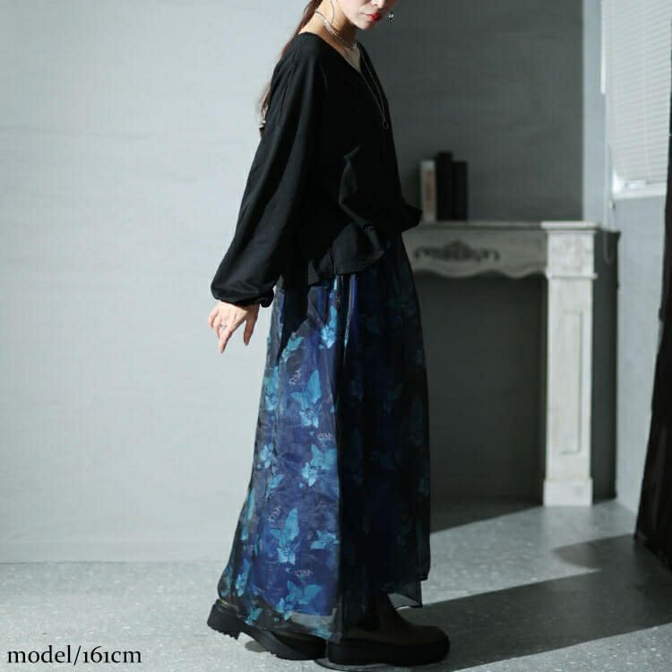 大きいサイズ レディース オーガンジー花柄Vネックドッキングワンピース　nw-23041