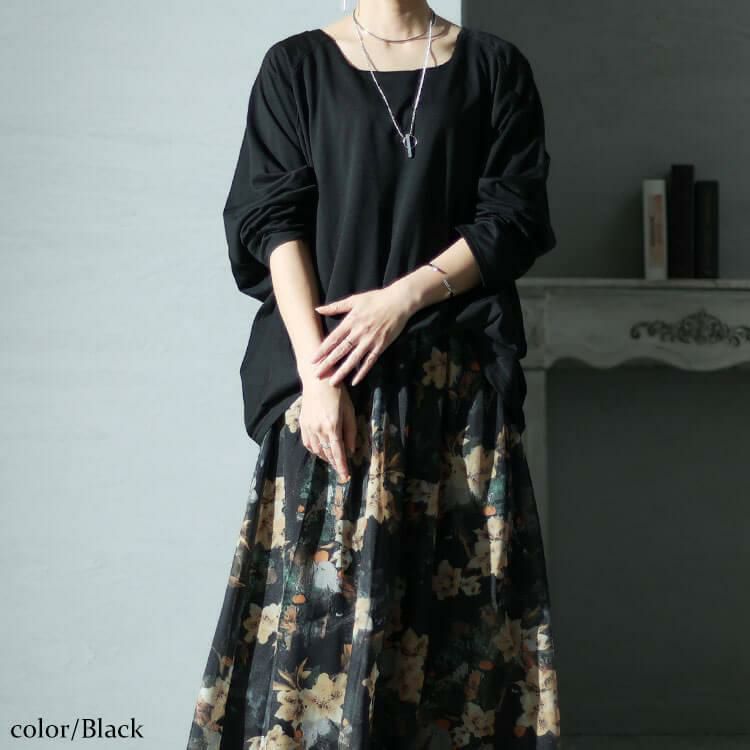 大きいサイズ レディース オーガンジー花柄スクエアネックドッキングワンピース　nw-23039 ブラック