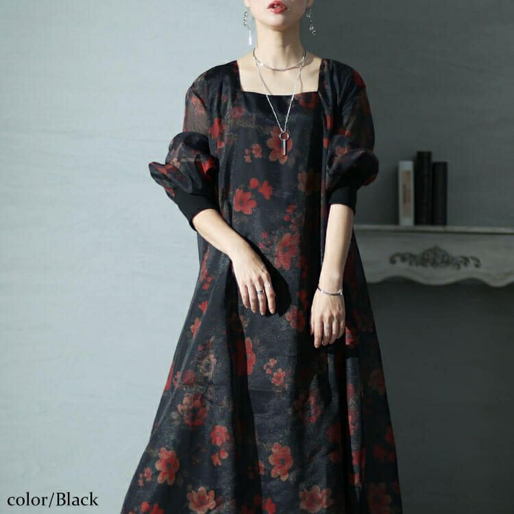 大きいサイズ レディース オーガンジー花柄ワンピース　nw-23038