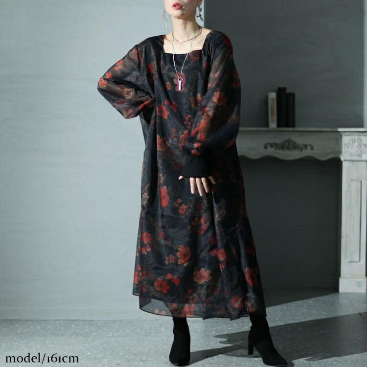 大きいサイズ レディース オーガンジー花柄ワンピース　nw-23038