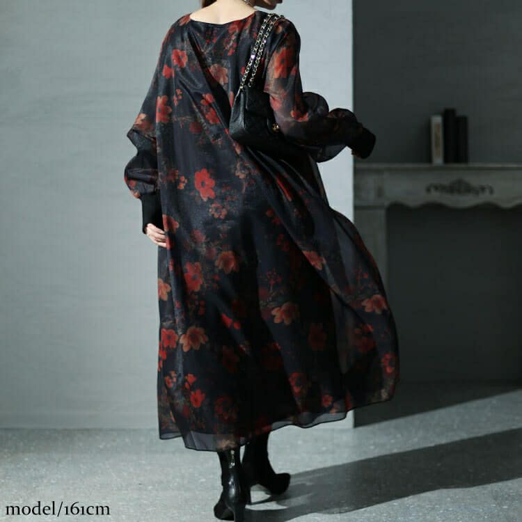 大きいサイズ レディース オーガンジー花柄ワンピース　nw-23038