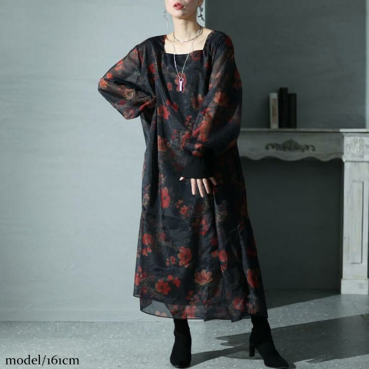 大きいサイズ レディース オーガンジー花柄ワンピース　nw-23038 ブラック