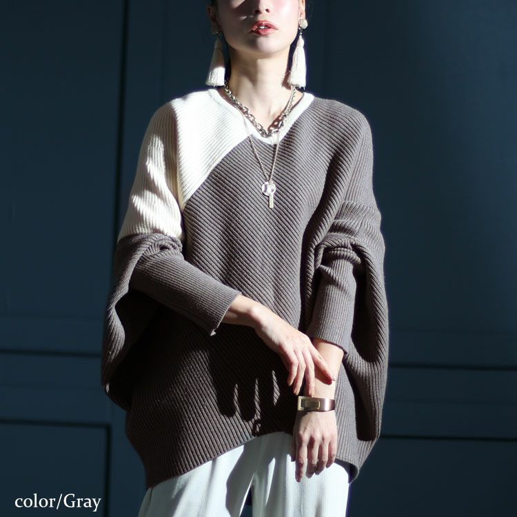 大きいサイズ レディース 配色Vネックドルマンニット　kt-109