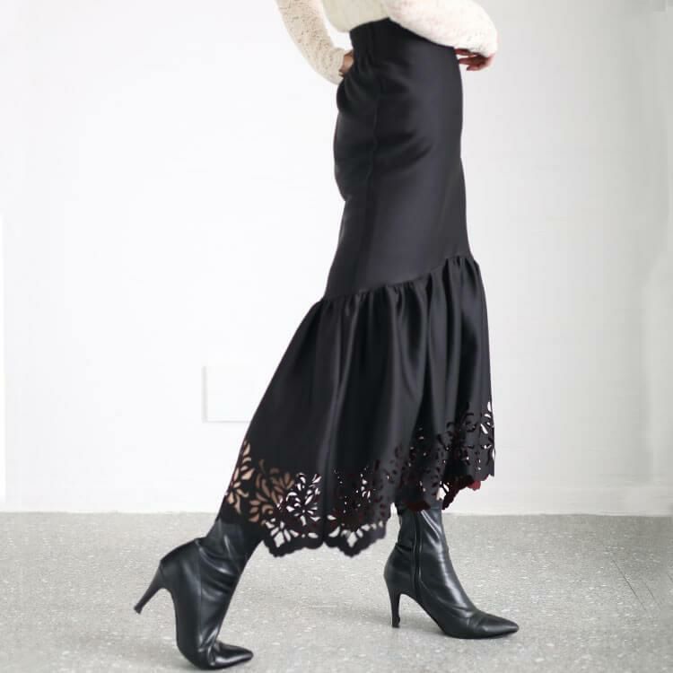 大きいサイズ レディース カッティングレースマーメイドスカート　jp492 ブラック