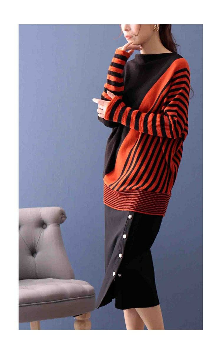 大きいサイズ レディース 日本製変形ボーダードルマンニット　kt-065