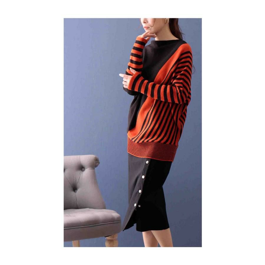 大きいサイズ レディース 日本製変形ボーダードルマンニット　kt-065 オレンジ