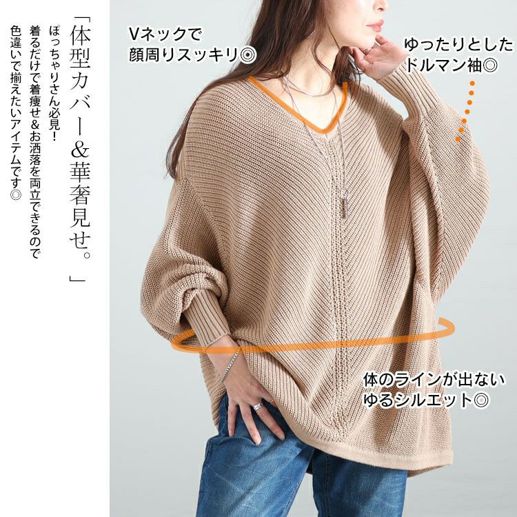 大きいサイズ レディース Vネックオーバーデザインドルマンニット　wn-0191