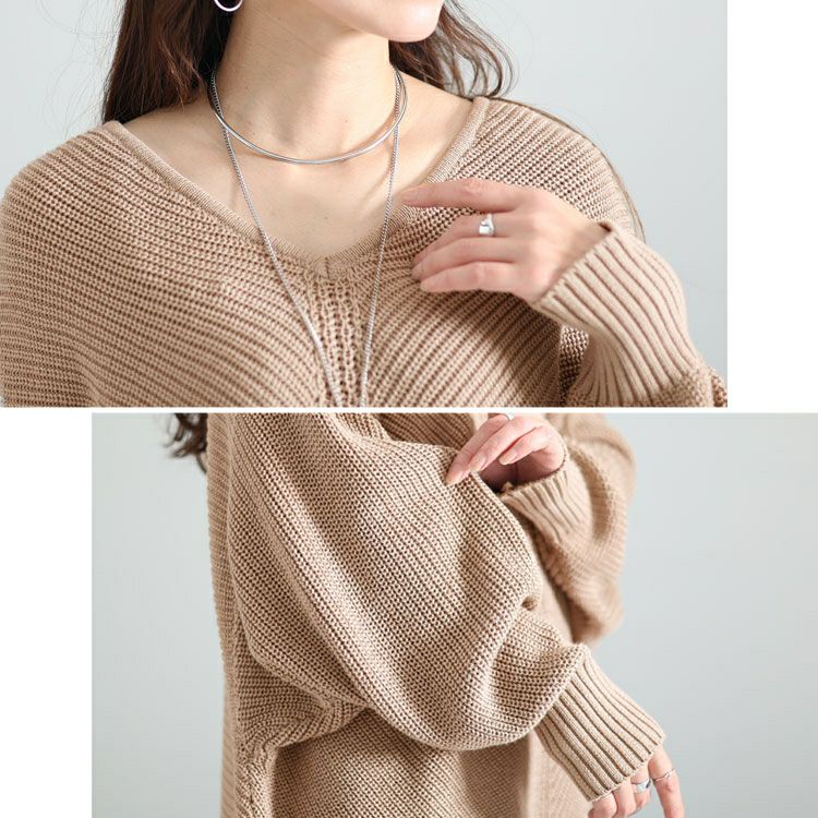 大きいサイズ レディース Vネックオーバーデザインドルマンニット　wn-0191